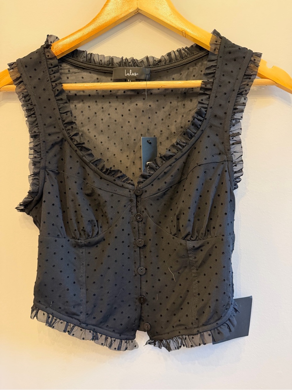 Lulus Black Swiss Dot Ruffle Button Front Crop Top